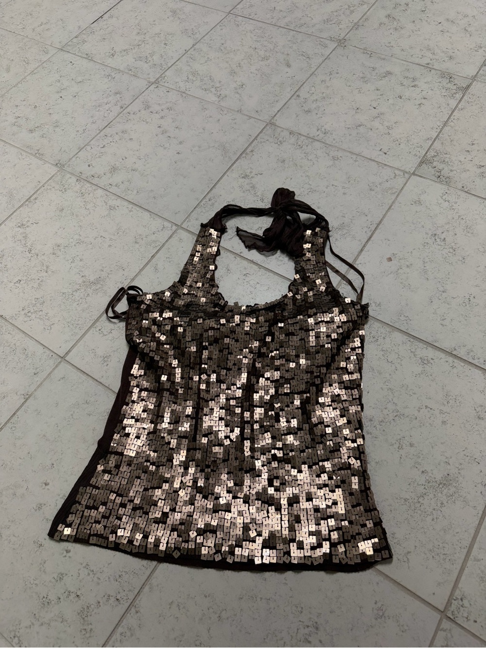 Kaisely Brown Halter-neck Tank Top with Sequins Made with Silk Party Casual sz L